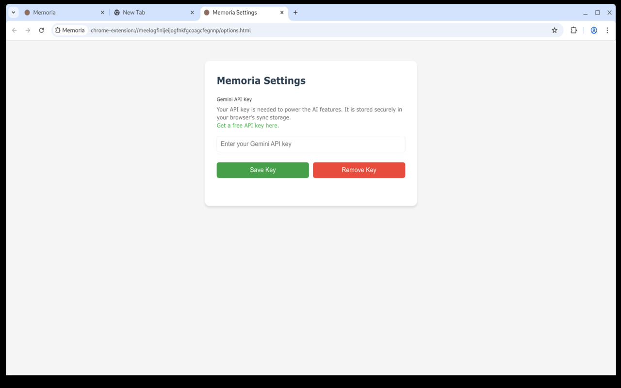 Memoria Settings API Key